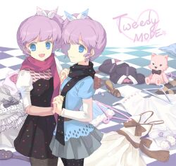  blue_eyes curly_hair dj_max dj_max_portable dress feline hair_ribbon ladymade_star moai_(aoh) purple_hair ribbon scarf siblings side_ponytail stuffed_animal stuffed_toy twins 