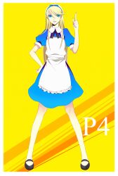  alice_(wonderland) alice_(wonderland)_(cosplay) alice_in_wonderland apron banned_artist cosplay dress hair_ribbon hairband harano highres kuma_(persona_4) male_focus mary_janes otoko_no_ko persona persona_4 ribbon shoes solo 