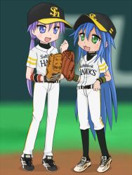  banned_artist baseball baseball_cap baseball_mitt blue_eyes blue_hair clothes_writing fukuoka_softbank_hawks green_eyes hat hiiragi_kagami izumi_konata left-handed lucky_star mole mole_under_eye mountain_pukuichi multiple_girls nippon_professional_baseball purple_eyes purple_hair sport 