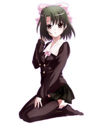  bow female green_hair kiyoura_setsuna nimu red_eyes school_days school_uniform serafuku simple_background solo 