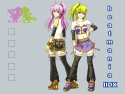  1280x960 bare_shoulders beatmania beatmania_iidx bracelet celica erika_(pokemon) goli_matsumoto green_eyes green_hair jewelry kitami_erika midriff mizushiro_celica purple_eyes purple_hair twintails violet_eyes wallpaper 