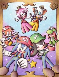  2girls 4boys amy_rose cosplay crossover knuckles_the_echidna luigi mario multiple_boys multiple_girls nintendo peach princess_daisy princess_peach rouge_the_bat shadow_the_hedgehog sonic sonic_the_hedgehog star super_mario_bros. super_mario_bros. super_mario_land tail tails tails toad toad_(cosplay) toad_(mario) yoshi 