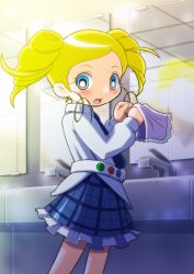  bathroom blonde_hair blue_eyes blush cartoon_network cross_mind drill_hair gotokuji_miyako goutokuji_miyako open_mouth powerpuff_girls powerpuff_girls_z skirt twintails twintailsrn yoshi_(crossmind) 