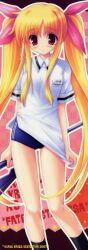  artist_request bardiche black_legwear blonde_hair blue_buruma blush buruma character_name fate_testarossa gym_uniform highres long_hair lyrical_nanoha mahou_shoujo_lyrical_nanoha mahou_shoujo_lyrical_nanoha_a&#039;s name_tag parted_lips red_eyes ribbon school_uniform shirt socks solo twintails white_shirt 