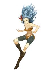  blue_hair flower hair_flower hair_ornament long_hair midriff orange_eyes pointy_ears rocbouquet_(saga) romancing_saga romancing_saga_2 ryman saga solo tribal 