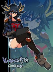  black_hair blue_eyes blush boots breasts computer fudou_yuusei gloves jacket laptop mariru multicolored_hair rule_63 short_hair yu-gi-oh! yugioh_5d&#039;s yuu-gi-ou_5d&#039;s 