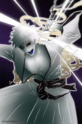  1boy bleach hollow hollow_ichigo male open_mouth pale_skin shirosaki_hichigo solo sword weapon white_hair yellow_eyes zangetsu 