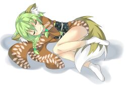  animal_ears closed_eyes green_hair japanese_clothes original saitou_kon shingetsu_takehito sleeping socks solo tail 