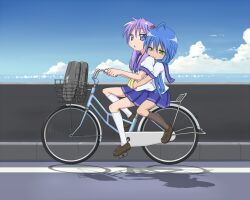  banned_artist bicycle blue_hair cruiser_bicycle ground_vehicle hiiragi_kagami izumi_konata long_hair lucky_star mole mole_under_eye mountain_pukuichi multiple_girls multiple_riders ocean pillion purple_hair ribbon riding ryouou_school_uniform school_uniform serafuku twintails very_long_hair 