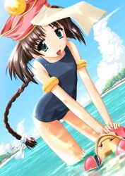  braid brown_hair dutch_angle green_eyes hat jiangshi munak one-piece_swimsuit ragnarok_online school_swimsuit solo swimsuit wading water yamabuki_zarame 