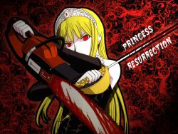  1600x1200 blonde_hair blood chainsaw chicks_with_chainsaws highres hime_(kaibutsu_oujo) kaibutsu_oujo lilianne sword weapon 