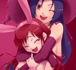  animal_ears asahina_natsuki asahina_yurina blue_hair breasts bunny_ears closed_eyes elbow_gloves gloves hairu hat long_hair red_eyes red_hair red_hair sideboob super_real_mahjong super_real_mahjong_p7 wink witch_hat 