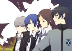  banned_artist blue_eyes blue_hair brown_eyes brown_hair bug butterfly crossover earrings gakuran harano insects jewelry male_focus multiple_boys narukami_yuu necktie persona persona_1 persona_2 persona_3 persona_4 school_uniform st._hermelin_school_uniform suou_tatsuya toudou_naoya yasogami_school_uniform yuuki_makoto 