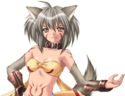  female fonfon ikazuchi_no_senshi_raidy lightning_warrior_raidy lowres simple_background solo tattoo werewolf 