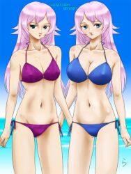  2girls bikini blue_eyes blush breasts character_request large_breasts long_hair multiple_girls pink_hair rasukaru rasukaru_(pixiv74058) siblings side-tie_bikini sisters sumomomo_momomo swimsuit twins 