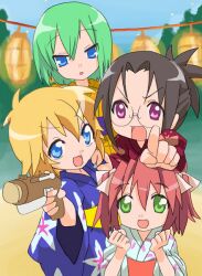  black_hair blonde_hair blue_eyes green_eyes green_hair gun iwasaki_minami japanese_clothes kimono kobayakawa_yutaka lucky_star patricia_martin pink_hair pistol purple_eyes short_hair sora_to_umi tamura_hiyori twintails violet_eyes weapon 