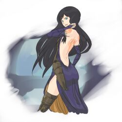  aqua_eyes ass back backless_dress backless_outfit bare_back bare_shoulders black_hair bridal_gauntlets castlevania:_order_of_ecclesia castlevania_(series) commentary_request dress feathers female hachimitsuboi long_hair looking_back shanoa solo tattoo thighhighs zettai_ryouiki 