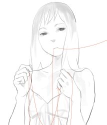  banned_artist bare_shoulders dress kumaori_jun long_hair monochrome mouth_hold red_string solo spot_color string 