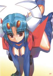  blue_hair breasts daikuu_maryuu gaiking gaiking:_legend_of_daikuu_maryuu hechi highres horns kneeling large_breasts mecha_musume personification red_eyes solo 