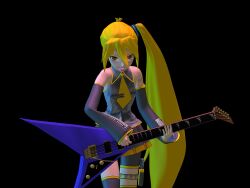  3d akita_neru blonde_hair detached_sleeves electric_guitar female female guitar instrument kio(artist) mikumikudance miniskirt mmd necktie side_ponytail simple_background skirt solo tongue vocaloid yellow_eyes 