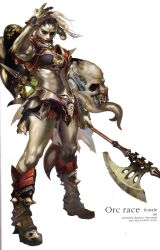  abs armor axe biceps female female highres lineage lineage_2 monster_girl muscle muscular_female orc pteruges skull solo weapon 