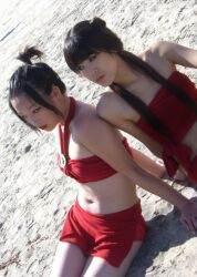  avatar:_the_last_airbender azula beach black_hair cosplay flat_chest long_hair mai mai_(avatar) midriff photo sand sitting 