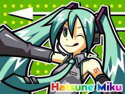  green_eyes green_hair hatsune_miku long_hair necktie shiraazuma solo tongue twintails vocaloid 