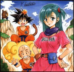  1boy 3boys bald black_hair blue_eyes blue_hair bulma_briefs buririn cloud dragon_ball dragon_ball dragon_ball_(object) female flying_nimbus green_eyes green_hair grin hands_on_hips happy kintoun kuririn long_hair looking_at_viewer matching_hair/eyes multiple_boys muten_roushi nimbus nyoibo old_man open_mouth outdoors roshi short_hair side_ponytail signature sky smile son_goku son_gokuu sunglasses tail turtle_shell waving yabuki_kentaro yabuki_kentarou 