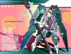  armor artist_request belt green_eyes gun gundam gundam_00 gundam_dynames handgun haro long_hair mecha mecha_musume miniskirt necktie purple_hair rifle skirt smile sniper_rifle solo thighhighs weapon zettai_ryouiki 