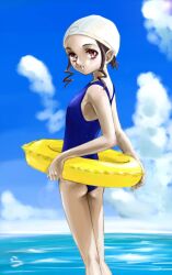  ass beach brown_hair flat_chest innertube one-piece_swimsuit rasukaru rasukaru_(pixiv74058) red_eyes school_swimsuit swim_cap swimcap swimsuit 