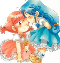  blue_hair blush dress flower lowres red_eyes red_hair red_hair rein wink 