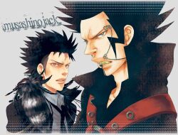  2boys black_hair black_shirt facial_hair feathers feathers goatee grill jacket katekyo_hitman_reborn katekyo_hitman_reborn! leviathan leviathan_(reborn) lol male male_focus multiple_boys necktie piercing scar shirt short_hair sideburns teeth varia white_shirt xanxus 