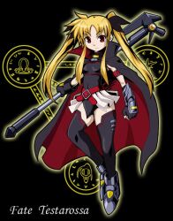  bardiche blonde_hair cape fate_testarossa long_hair lyrical_nanoha magic_circle mahou_shoujo_lyrical_nanoha mahou_shoujo_lyrical_nanoha_a&#039;s non-web_source omega_symbol solo thighhighs 