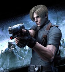  armpit_holster belt bitores_mendez blonde_hair ganado gun holster jacket knife leon_kennedy leon_s_kennedy male_focus resident_evil resident_evil_4 weapon zombie 