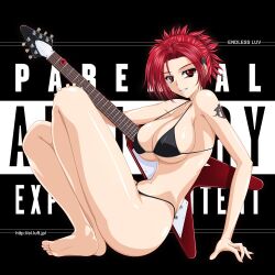  banned_artist barefoot bikini breasts cleavage feet flying_v gibson guitar hair_ornament hairclip hiviki_n&#039;alchemy instrument kuroda_mutsuki large_breasts legs long_legs md5_mismatch micro_bikini original parental_advisory red_eyes red_hair short_hair sideboob sitting smile solo swimsuit tattoo thighs underboob 