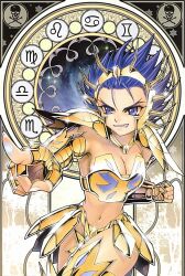  angry armor bikini_armor blue_eyes blue_hair breasts cancer cancer_deathmask cleavage clenched_hand clenched_teeth female future_studio_(artist) grin helm helmet highres midriff mu_fengchun pointing rule_63 saint_seiya shiny short_hair skull_and_crossbones smile solo spiked_hair teeth watermark zodiac 