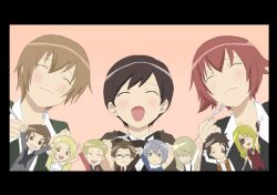  4girls 6+boys baccano! closed_eyes closed_eyes czeslaw_meyer elmer_albatross ennis fermet firo_prochainezo fork glasses grin isaac_dian jacuzzi_splot maiza_avaro minami-ke miria_harvent multiple_boys multiple_girls nice_holystone parody smile sylvie_lumiere tattoo 