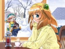  1280x960 animal_ears blue_eyes chair closed_eyes drink glasses hat scarf sitting snow sweater tea wallpaper window 