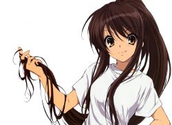  brown_hair female long_hair shirt simple_background smirk suzumiya_haruhi_no_yuuutsu t-shirt tshirt yellow_eyes 