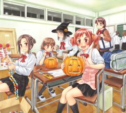  6+girls apron bag blush book box boxcutter brown_eyes brown_hair can cardboard_box chair chalkboard classroom closed_eyes desk focused food_themed_hair_ornament glasses grin hair_ornament hairclip halloween happy_halloween hat holding holding_bag holding_can indoors jack-o&#039;-lantern leaning_forward low_twintails multiple_girls original paper_chain paper_roll pen pleated_skirt pumpkin pumpkin_hair_ornament red_hair safety_pin saimon school_uniform short_hair short_twintails shoulder_bag sitting skirt sliding_doors smile spoon twintails witch_hat 