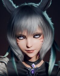  3d clothed ears_up feathers ffxiv final_fantasy final_fantasy_xiv glowing_eyes looking_at_viewer miqo&#039;te seductive_look smiling tipsynd white_hair y&#039;shtola 