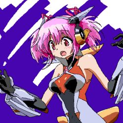  armor bare_shoulders commentary_request cosplay female headphones inumoodo kaname_madoka lowres magical_girl mahou_shoujo_madoka_magica mahou_shoujo_madoka_magica_(anime) pink_eyes pink_hair senki_zesshou_symphogear short_hair solo tachibana_hibiki_(symphogear) tachibana_hibiki_(symphogear)_(cosplay) voice_actor_connection yuuki_aoi 