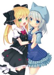  2girls :&lt; :d black_legwear blonde_hair blue_eyes blush bow commentary_request dress green_eyes hairbow hat holding_hands interlocked_fingers leg_up long_hair looking_at_viewer minamura_haruki multiple_girls oerba_yun_fang open_mouth original photoshop_(medium) ribbon silver_hair skirt smile striped thighhighs twintails vertical_stripes white_legwear wrist_ribbon 