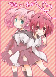  2girls akaza_akari aqua_eyes commentary_request double_bun dress hair_bobbles hair_bun hair_ornament layered_sleeves locked_arms long_sleeves multiple_girls nanamori_school_uniform pink_hair red_eyes red_hair sailor_dress school_uniform serafuku shiroi_hakuto short_over_long_sleeves short_sleeves short_twintails socks twintails yoshikawa_chinatsu yuru_yuri 