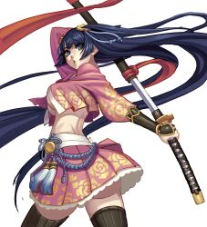  :o ass black_thighhighs blue_eyes blue_hair breasts commentary_request female floral_print gonster hair_ornament katana large_breasts long_hair looking_back midriff no_bra open_mouth original photoshop_(medium) simple_background skirt solo sword thighhighs underboob very_long_hair weapon 