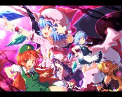  6+girls :/ :d :o apron arm_up ascot ayakashi_(monkeypanch) bat_wings beret between_fingers blonde_hair blue_dress blue_hair blush book bow braid capelet chains china_dress chinese_clothes colored_eyelashes commentary_request crescent crystal dress dress_shirt eyelashes fighting_stance flandre_scarlet floating green_dress grey_hair hairbow hat head_wings highres holding holding_book hong_meiling hugging_book hugging_object izayoi_sakuya knife koakuma letterboxed long_hair long_sleeves low_wings maid_headdress multiple_girls necktie no_nose one_side_up open_mouth patchouli_knowledge purple_dress purple_eyes purple_hair red_eyes red_hair remilia_scarlet shirt short_hair short_sleeves side_braid sidelocks sideways_mouth skirt skirt_set smile standing star_(symbol) striped_clothes striped_dress touhou twin_braids upper_body vertical_stripes very_long_hair vest waist_apron white_shirt wings wrist_cuffs 