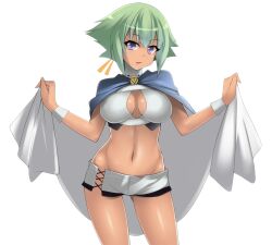  aquarion_(series) aquarion_evol breasts cape cleavage cleavage_cutout clothing_cutout commentary_request female green_hair groin hevn large_breasts navel photoshop_(medium) shiny_skin short_hair short_shorts shorts solo tan white_shorts zessica_wong 