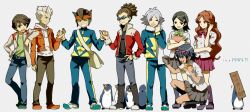  3girls 5boys bird blue_eyes blue_hair boots brother_and_sister brown_hair camcorder commentary_request dreadlocks endou_mamoru eyewear_on_head fubuki_shirou glasses goggles gouenji_shuuya grin headband highres ichinose_kazuya inazuma_eleven inazuma_eleven_(series) jacket kidou_yuuto kino_aki long_hair multiple_boys multiple_girls nanjou_(sumeragimishiro) open_mouth otonashi_haruna pants penguin photoshop_(medium) raimon_natsumi scarf school_uniform short_hair siblings skirt smile track_suit video_camera white_hair 