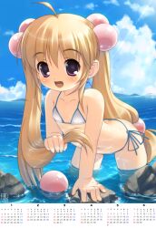  ahoge akiba_hideki ass beach bent_over bikini butt_crack downpants female flat_chest highres kodomo_no_jikan kokonoe_rin lolicon long_hair oerba_yun_fang outdoors side-tie_bikini swimsuit twintails very_long_hair water 