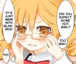  blonde_hair english glasses hard_translated long_hair mahou_shoujo_madoka_magica matsushita_yuu tomoe_mami too_bad!_it_was_just_me! translated twintails yellow_eyes 